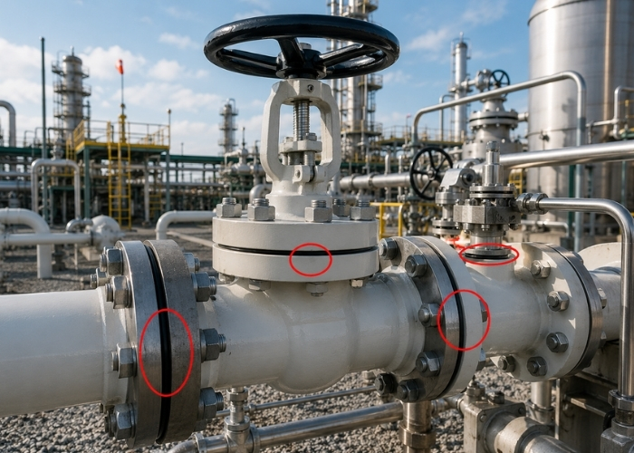 Industriële afsluiter met gemarkeerde afdichtingspunten in een gasinstallatie